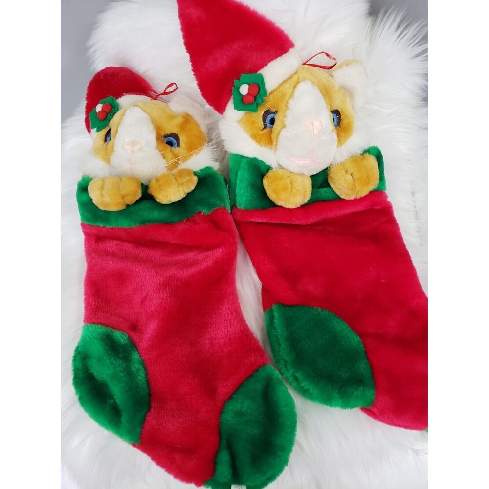 Vintage Kitty Cat Christmas Stocking Holiday Decor Plush Santa 90's Orange Tabby